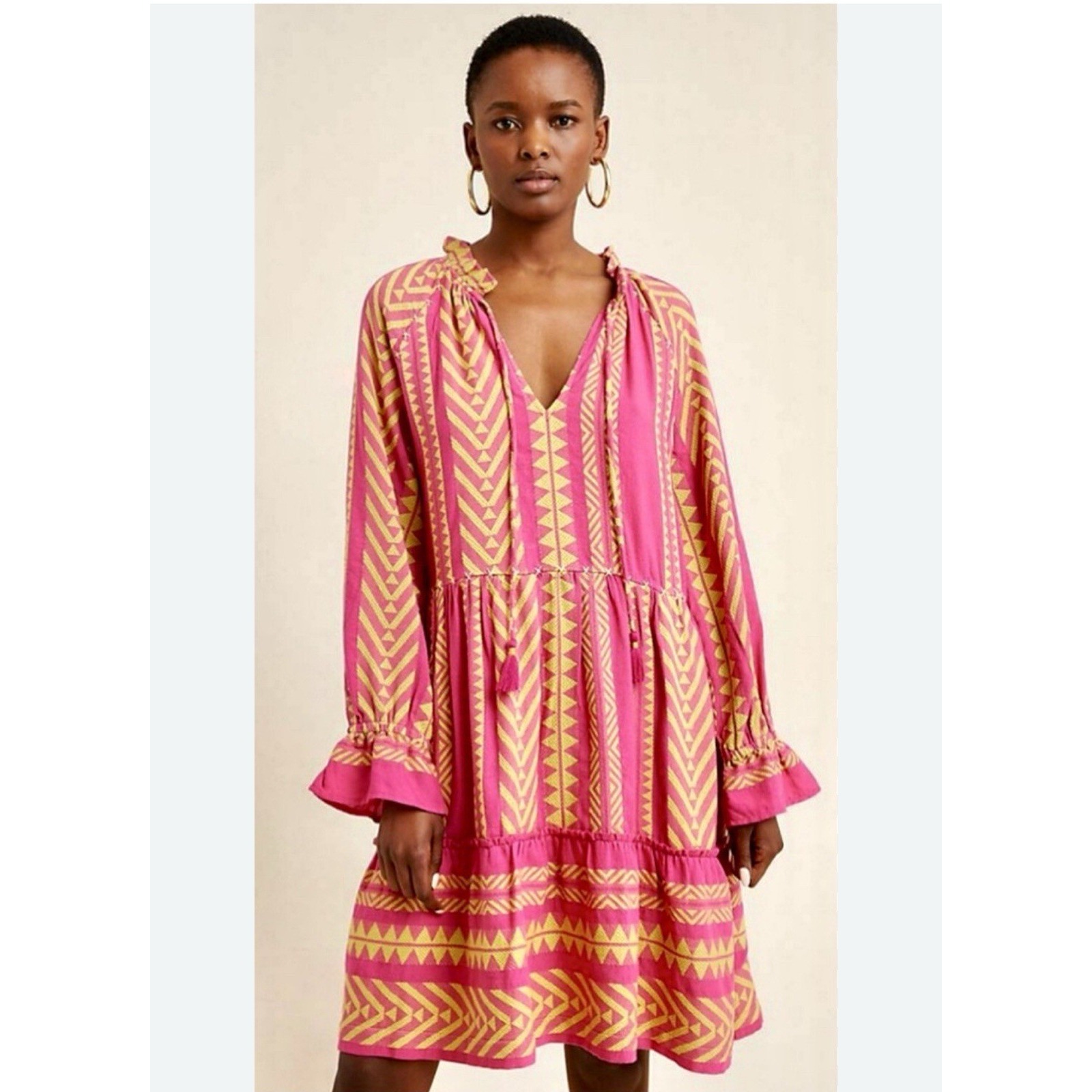 Anthropologie Dominique Dress Tasseled Bold Print Ruffle Hem Pink Lime Xs